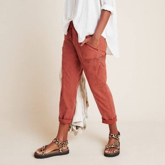 Anthropologie Angela Cropped Utility Cargo Pants Washed Brick Red Size 28 - Picture 1 of 10